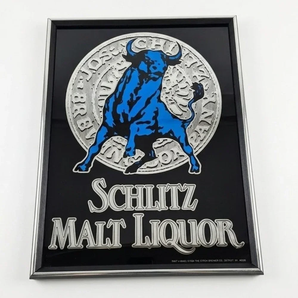Vintage 1984 Schlitz Malt Liquor Blue Bull Bar Mirror Sign 22x16 Stroh Brewery